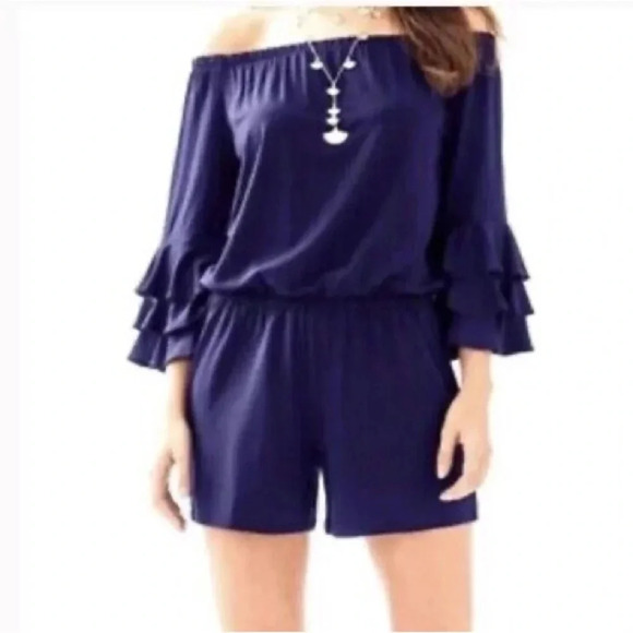 Lilly Pulitzer Calla Off the Shoulder Romper True Navy Blue - Picture 2 of 7